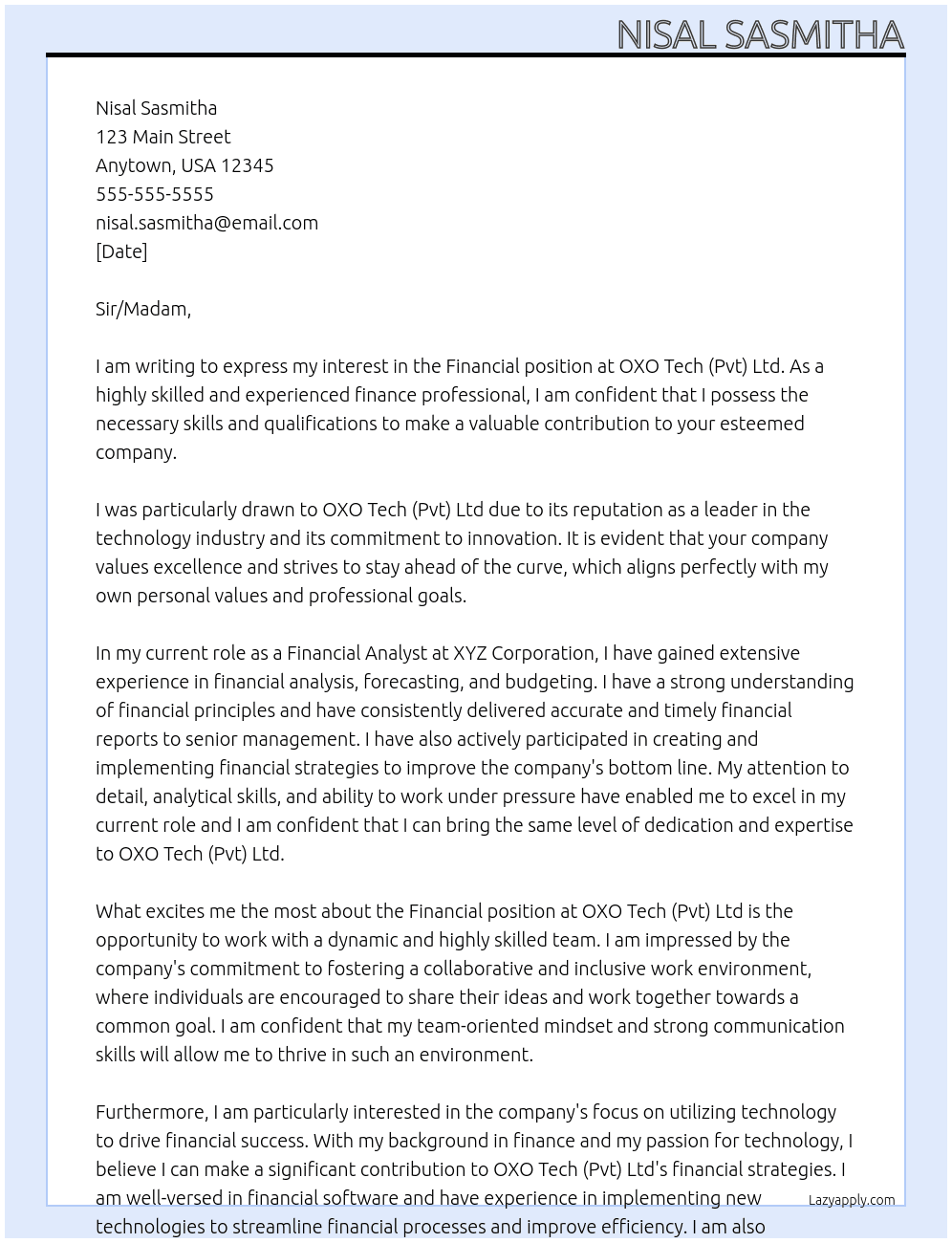 Financial  At OXO Tech (Pvt) Ltd Cover Letter