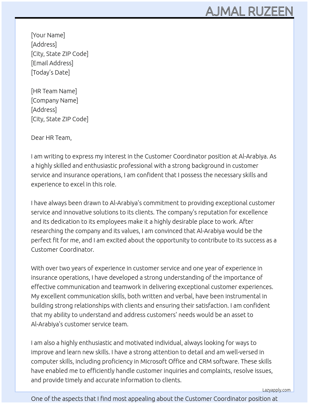Customer coordinator At Al-Arabiya Cover Letter