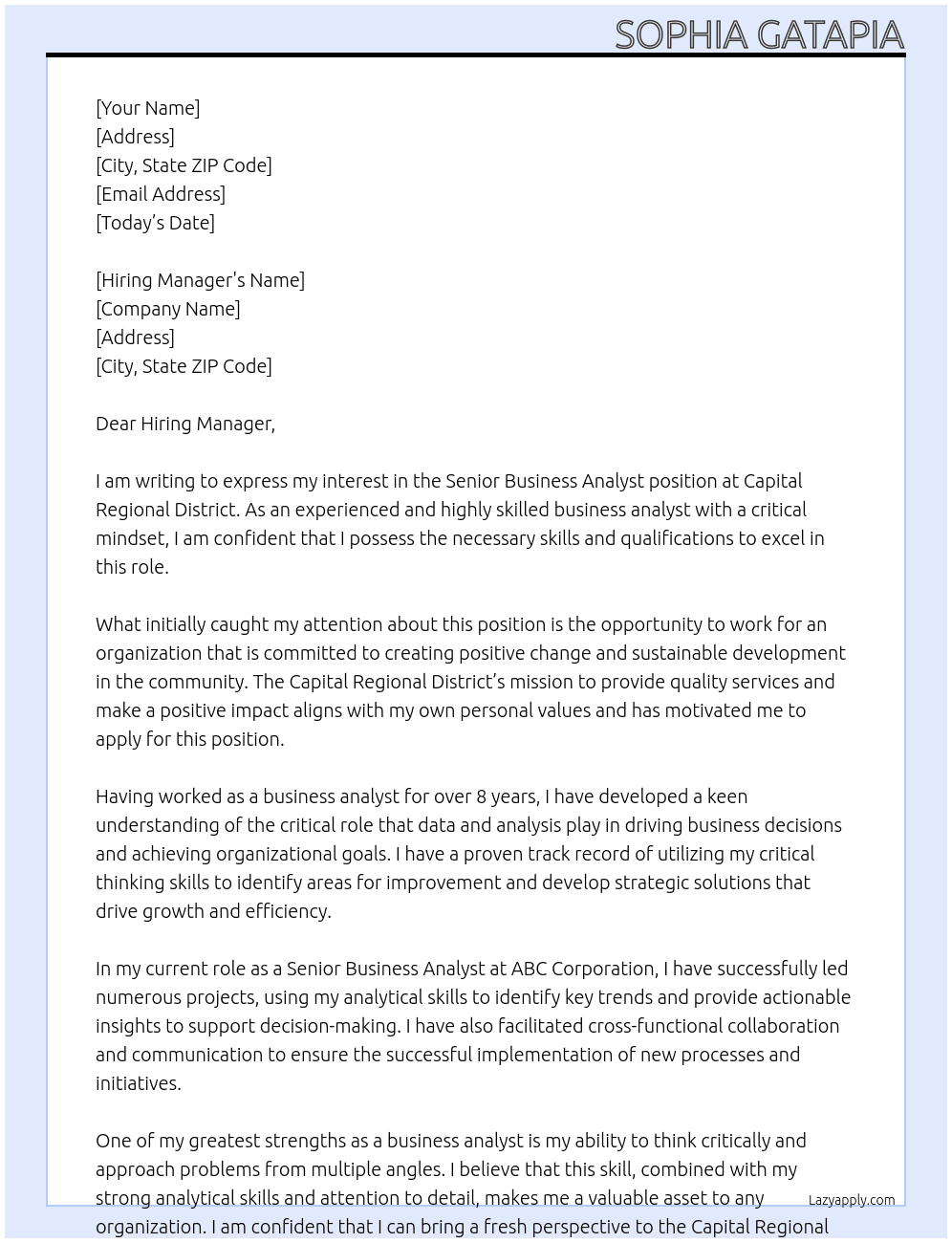 Senior Business Analyst At Capital Regional District Cover Letter