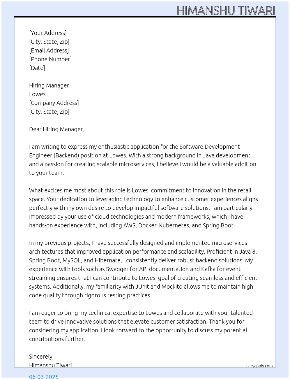 Software Development Engineer (Backend) At Lowes Cover Letter