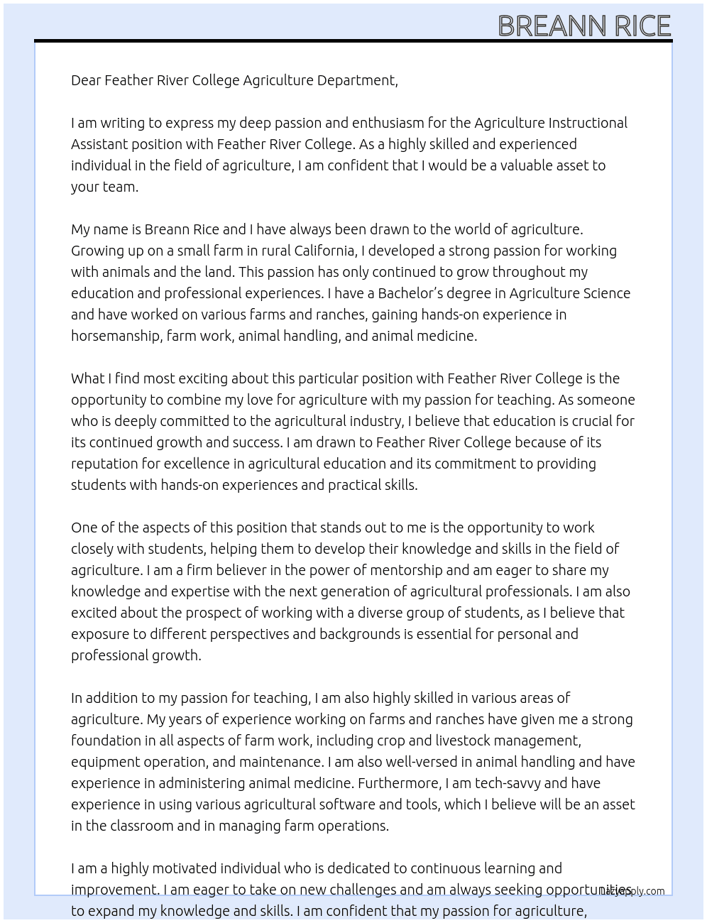 Agriculture Instructional Assistant At Feather River College Cover Letter