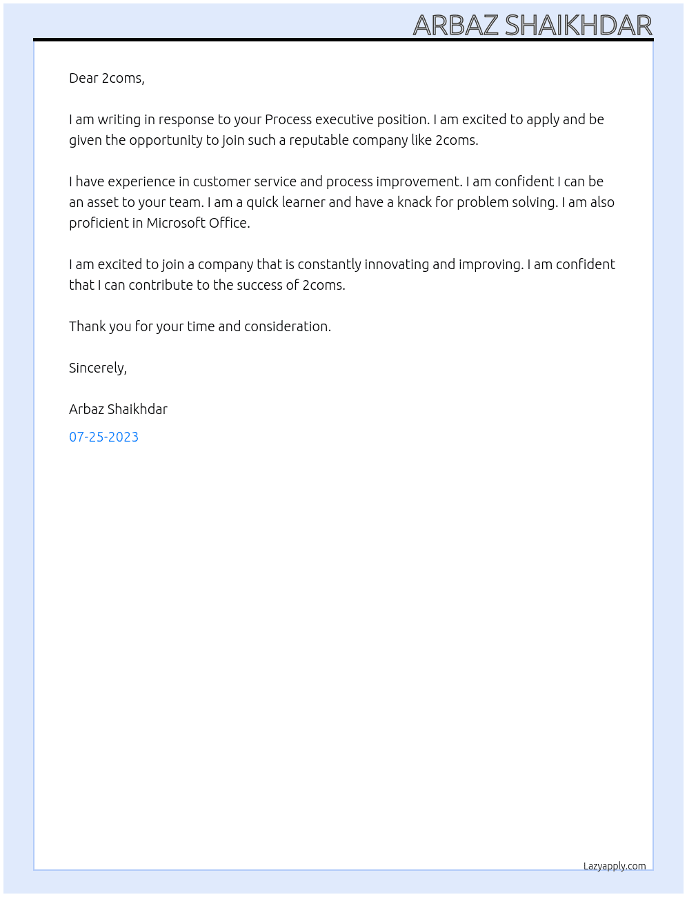 Process executive  At 2coms Cover Letter