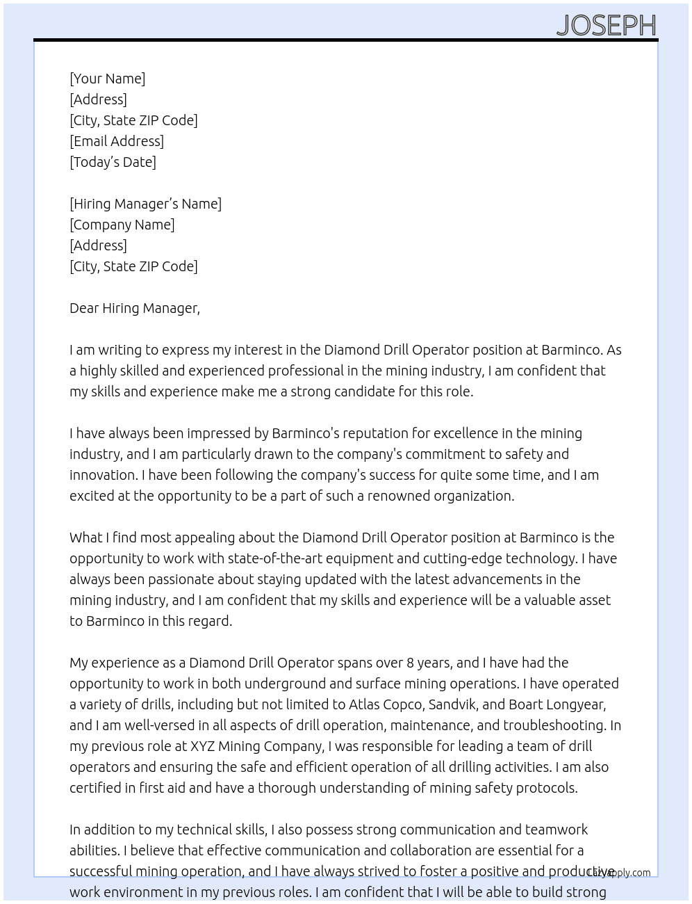 Diamond Drill Operator At Barminco Cover Letter