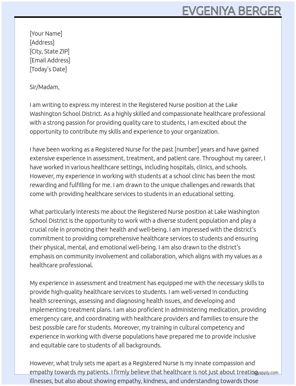 registered nurse At Lake Washington School Distric Cover Letter
