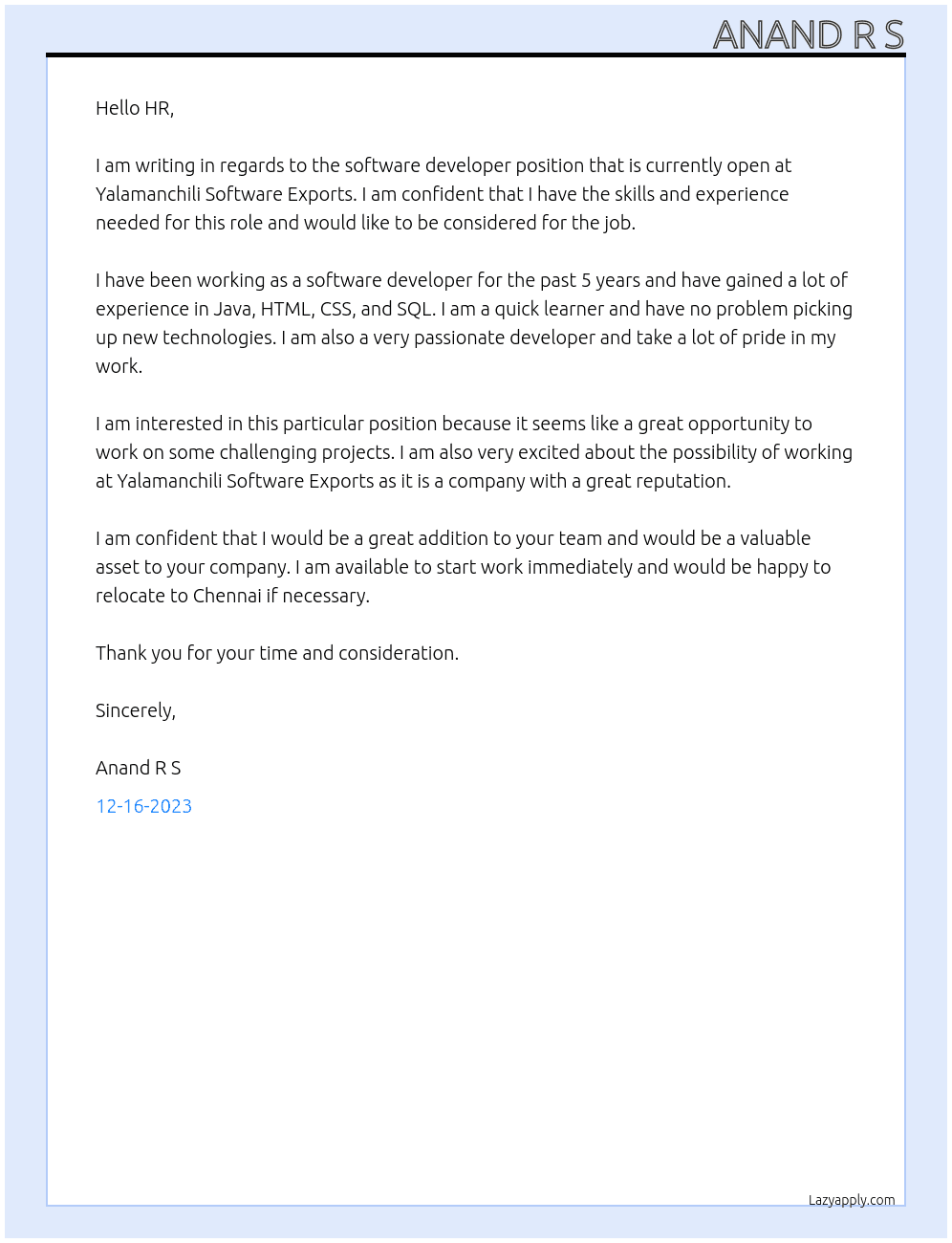 Software Developer At Yalamanchili Software Exports Cover Letter