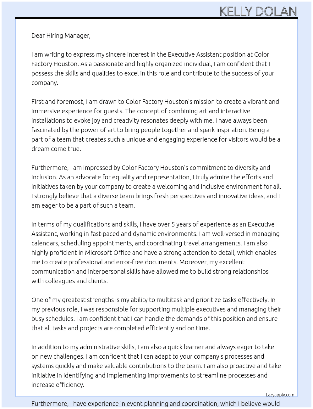 Executive Assistant At Color Factory Houston Cover Letter