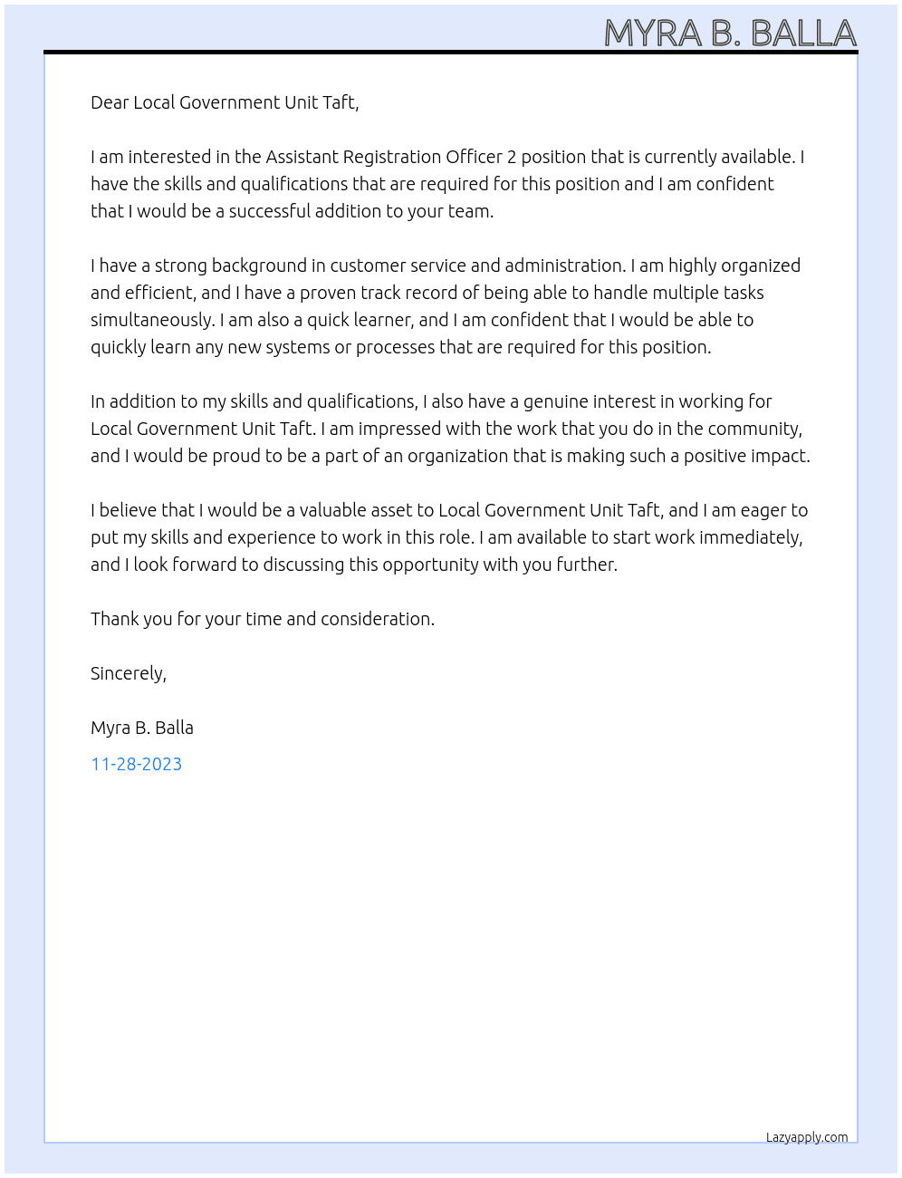 Assistant registration officer 2 At Local Government Unit Taft  Cover Letter