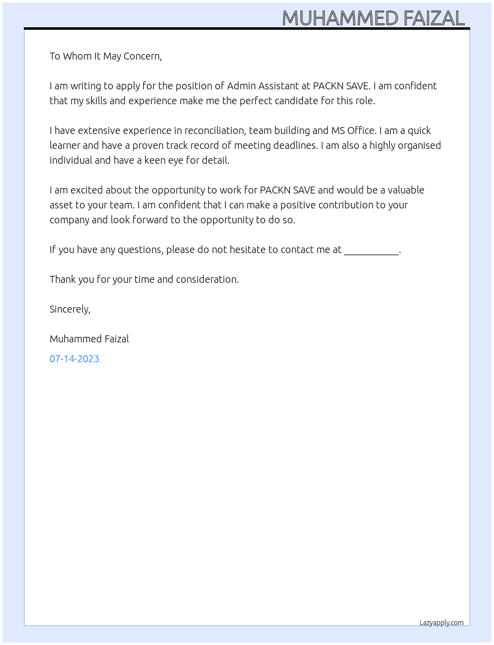 Admin Assistant  At PACKN SAVE Cover Letter