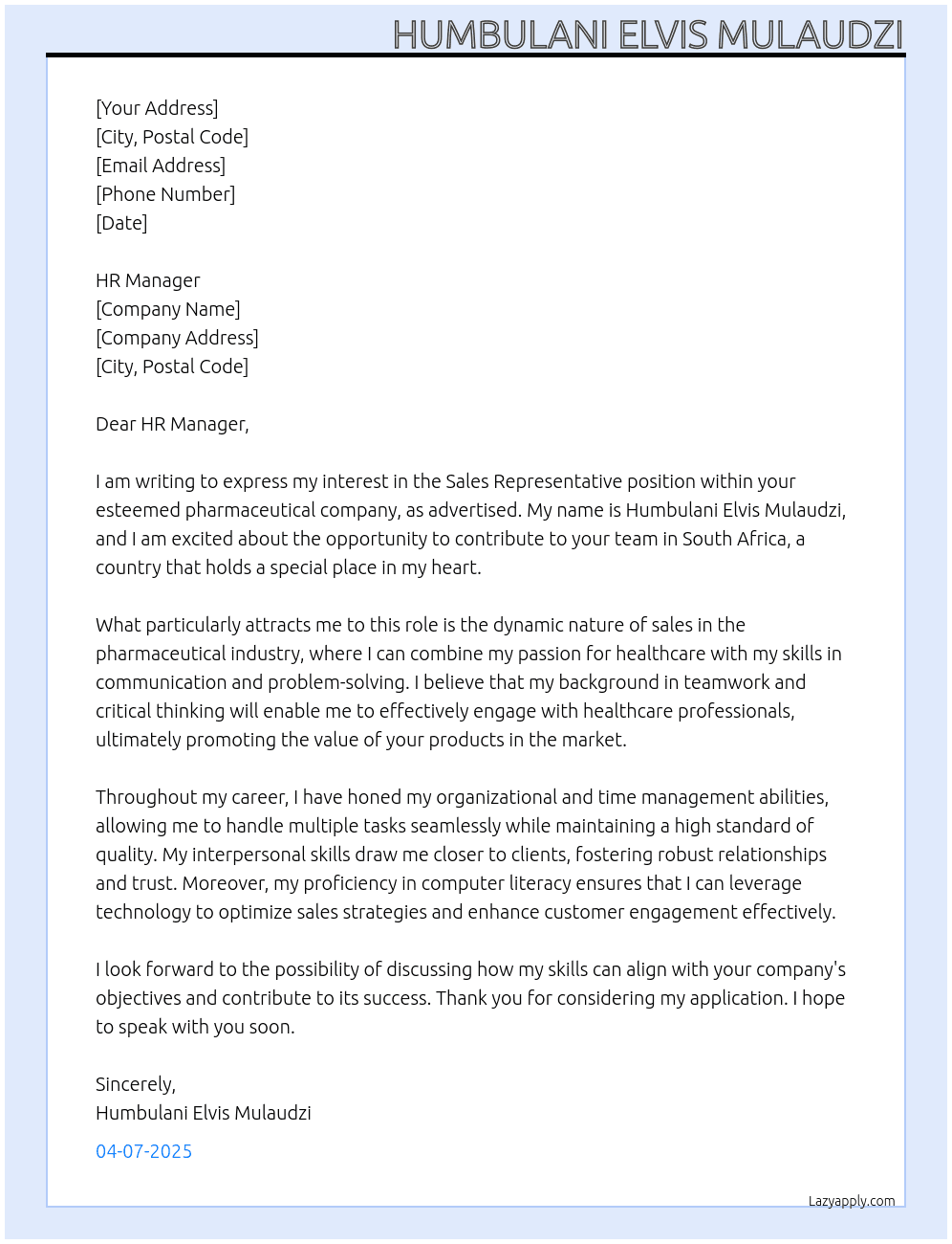 Sales Representative At pharmaceutical industry Cover Letter