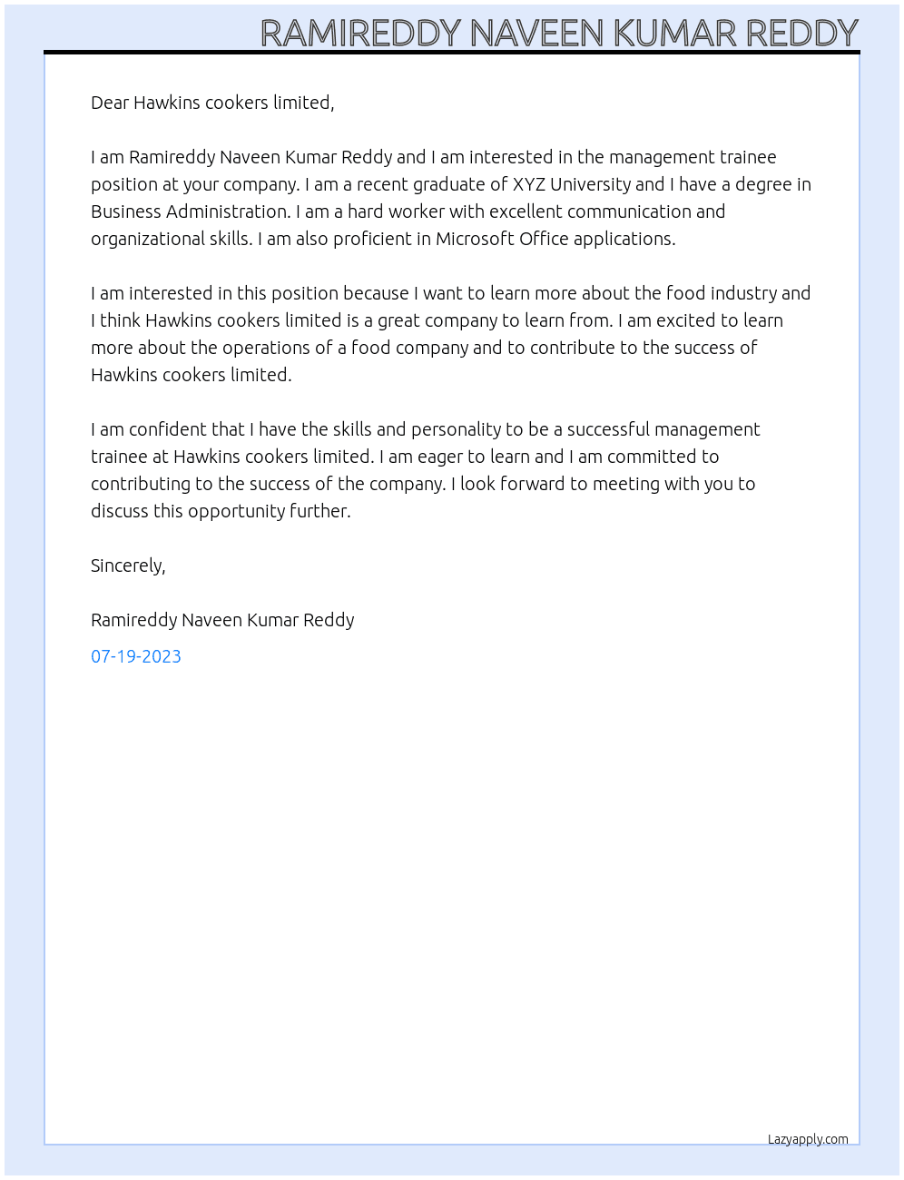 Management Trainee At Hawkins cookers limited Cover Letter