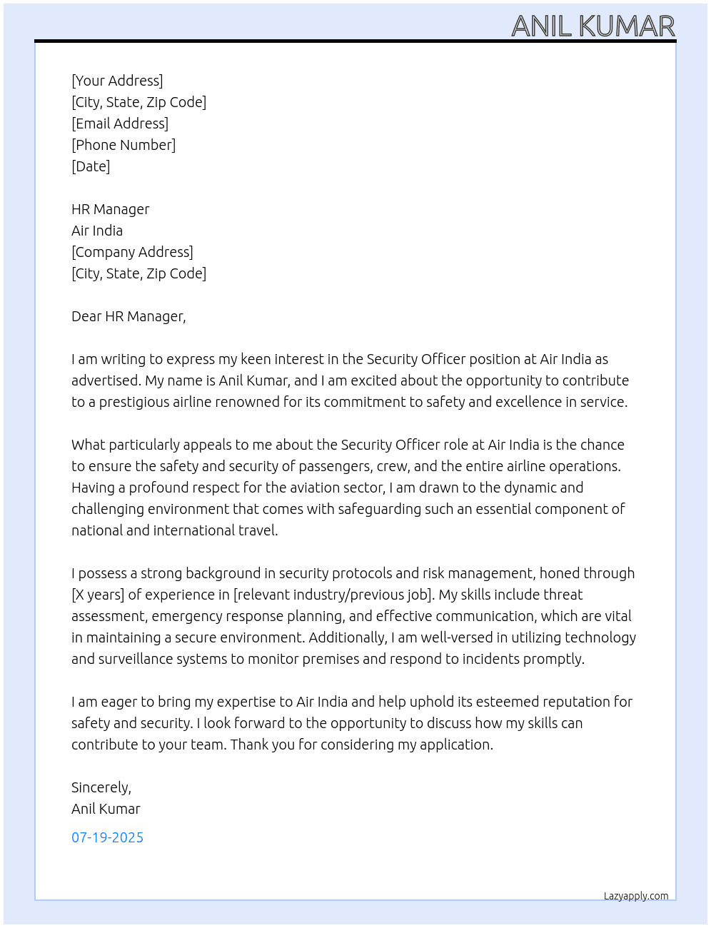 SECURITY OFFICER At AIR INDIA Cover Letter