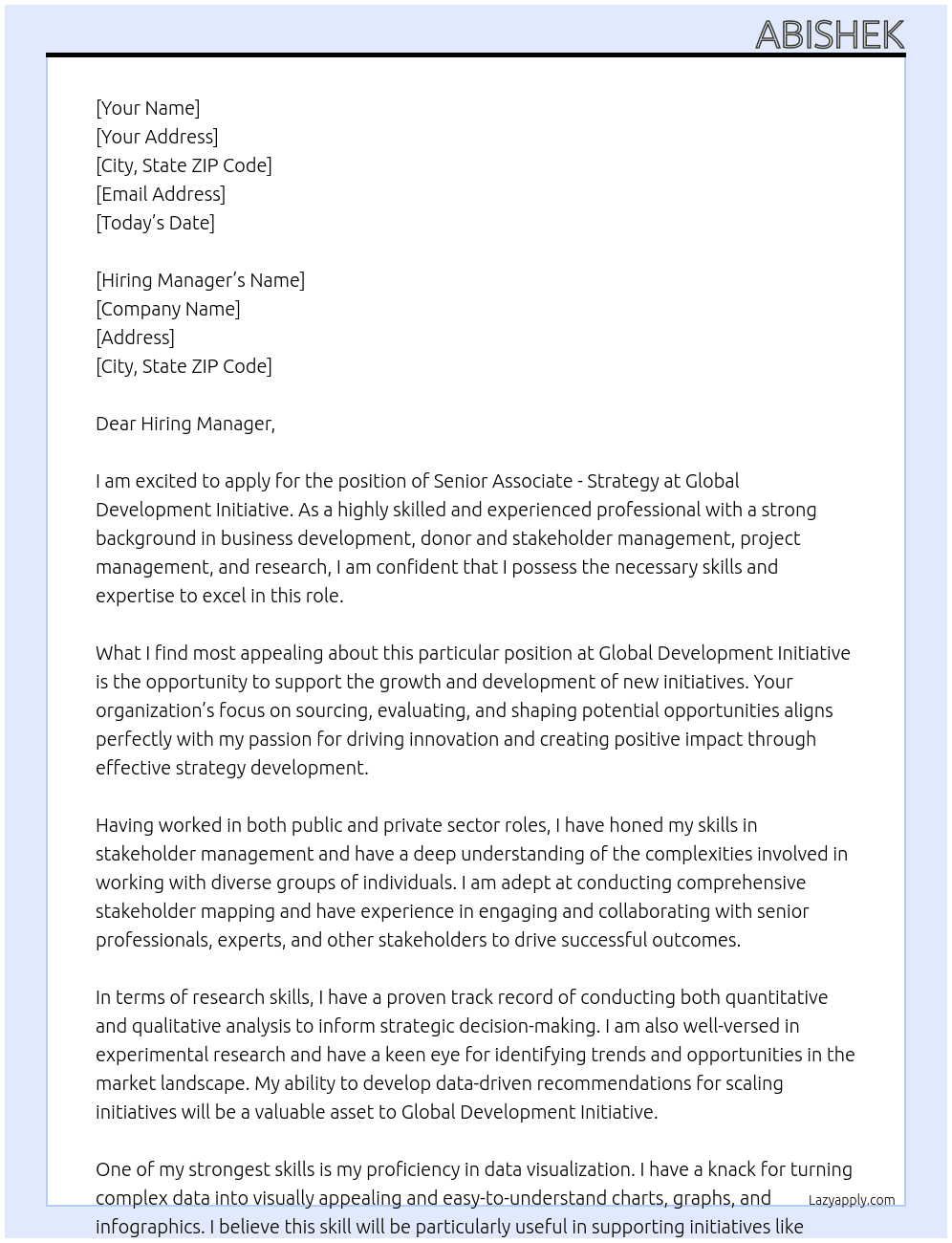 Senior Associate - Strategy At Global Development Initiative Cover Letter