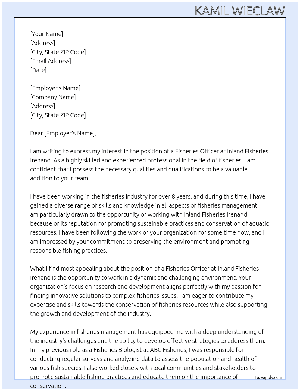 Fisheries officer At Inland Fisheries Irenand Cover Letter