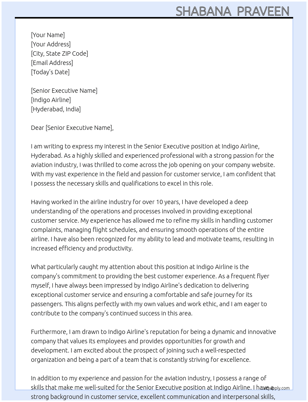 Indigo airline job At Indigo airline, Hydrabaad Cover Letter