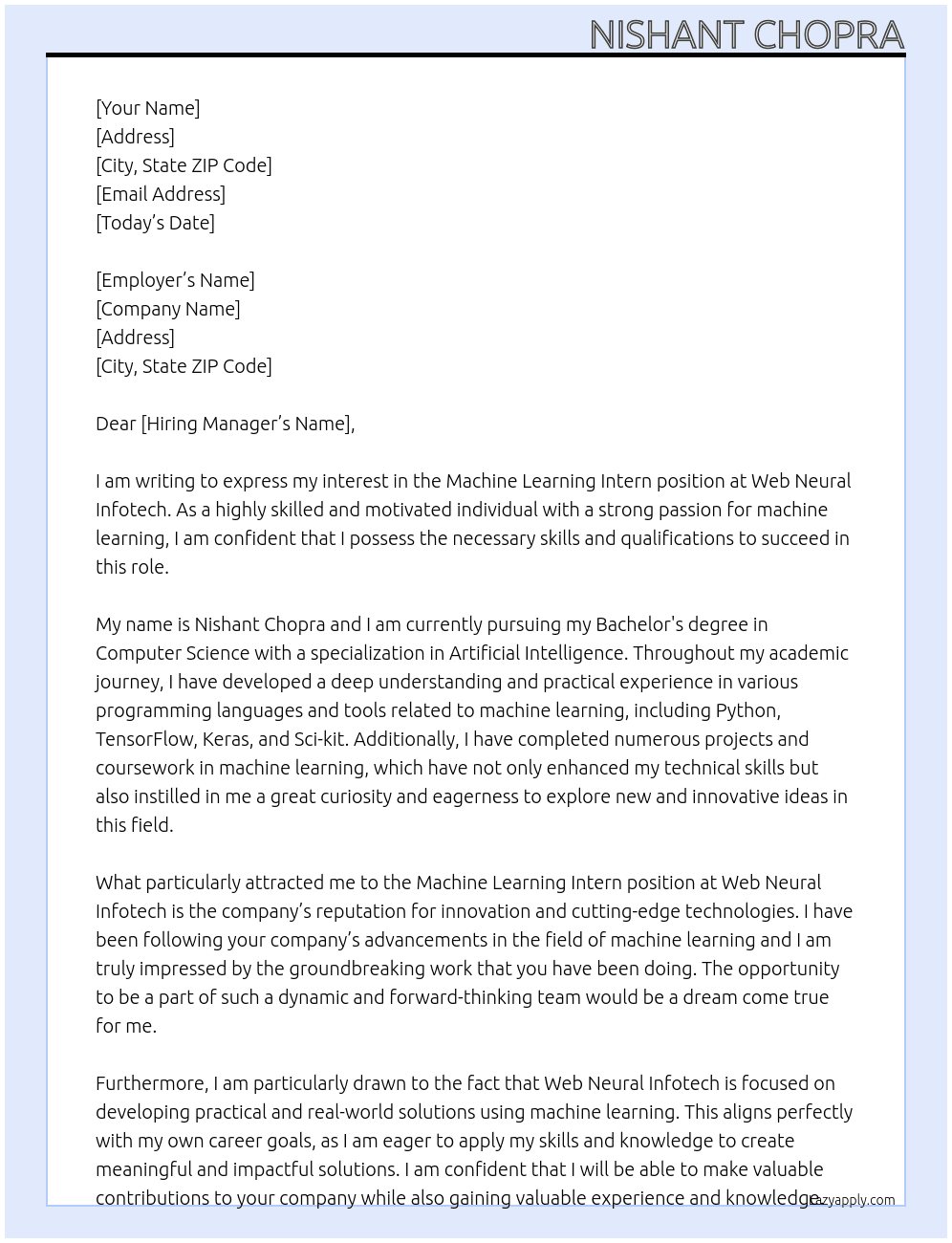 Machine Learning Intern At Web Neural Infotech Cover Letter