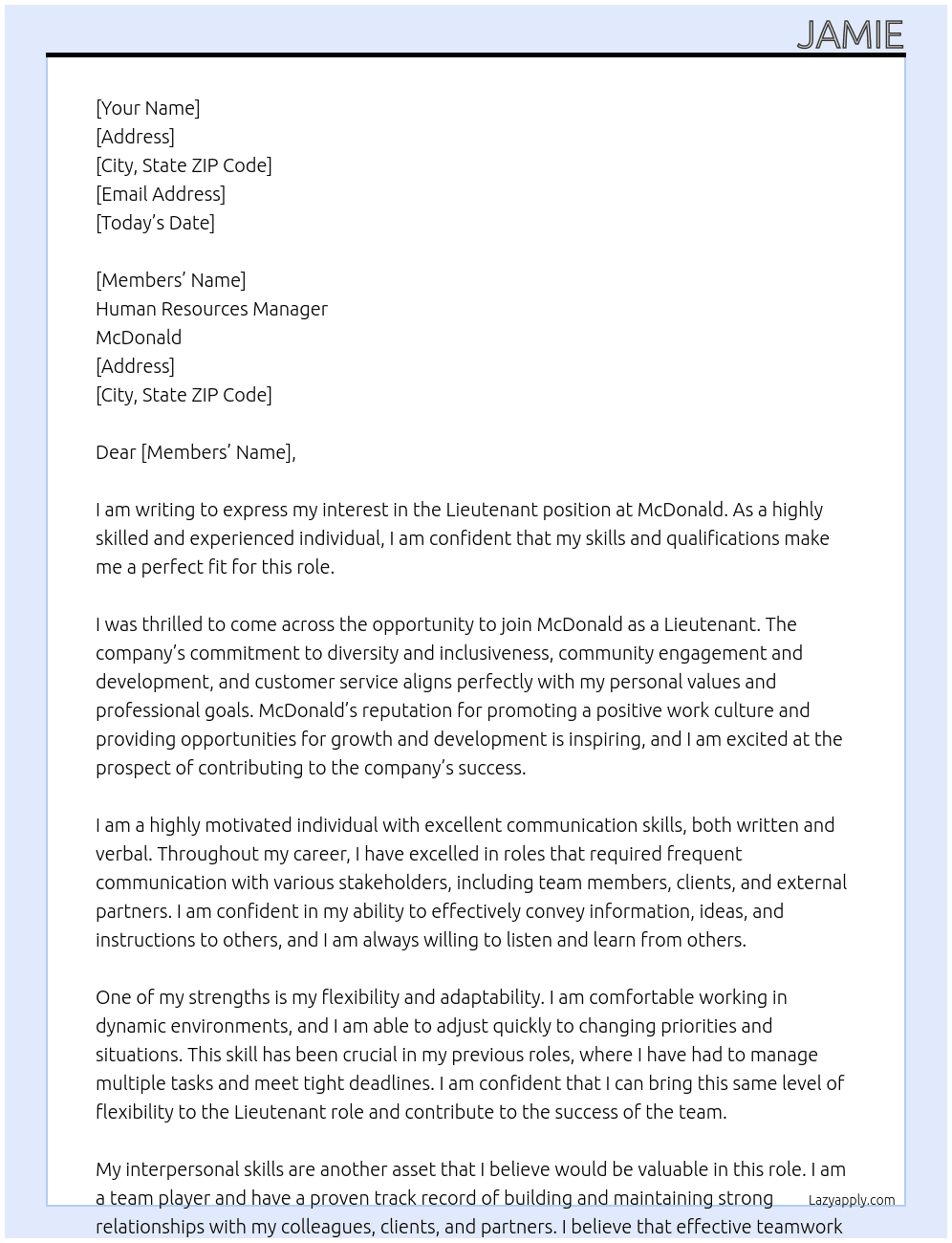 Lieutenant  At McDonald Cover Letter