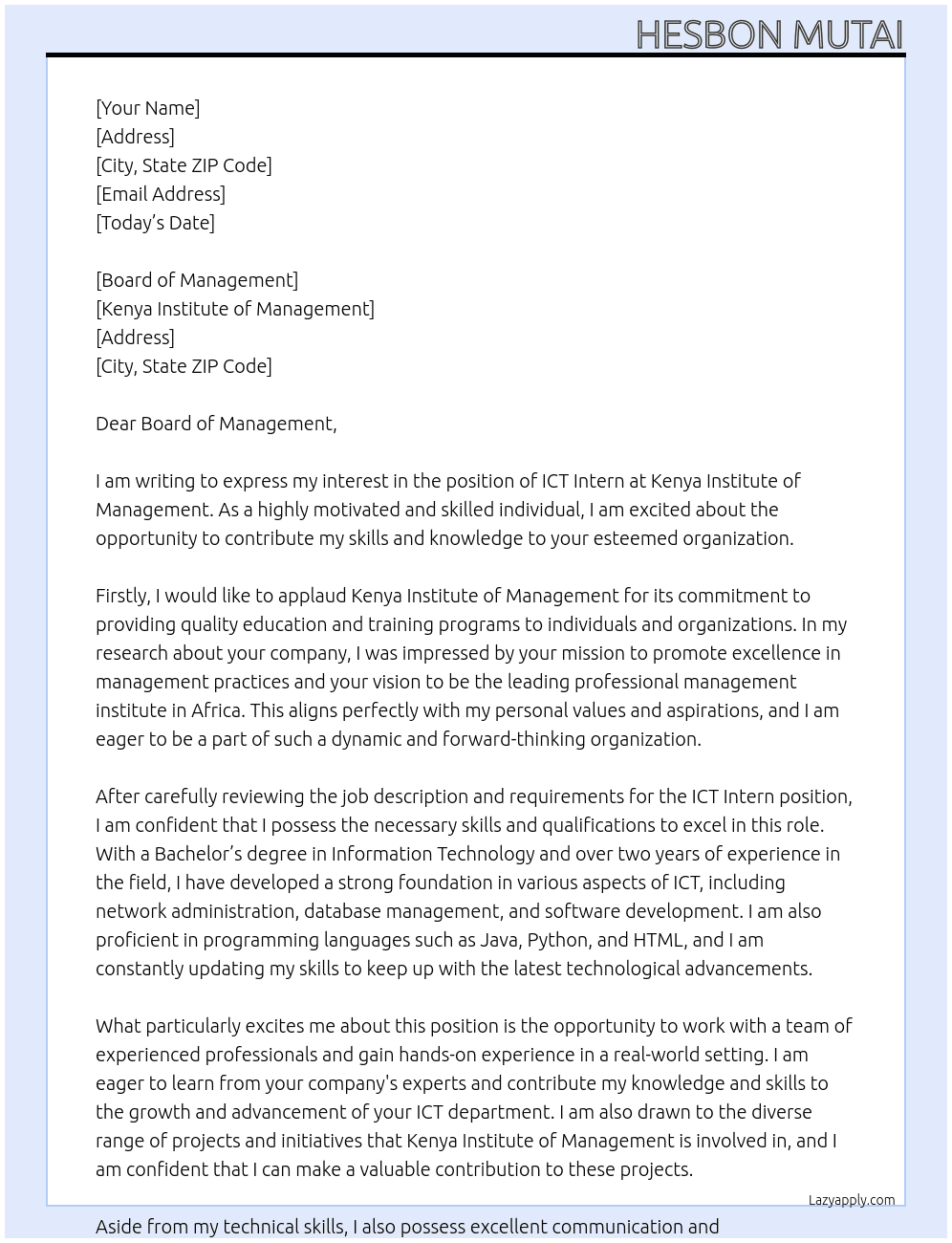 ICT INTERN At KENYA INSTITUTE OF MANAGEMENT Cover Letter