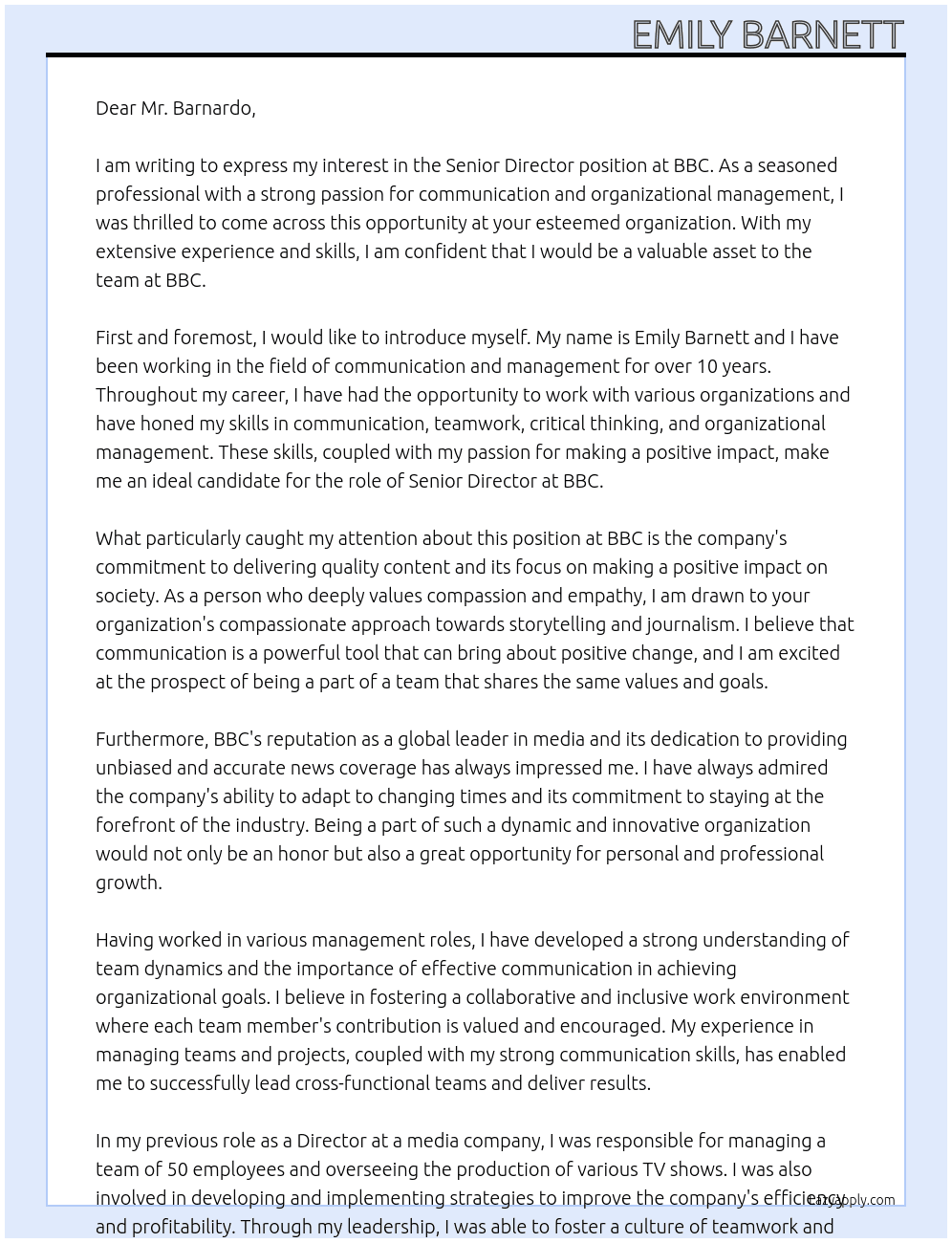 Senior director  At Bbc Cover Letter