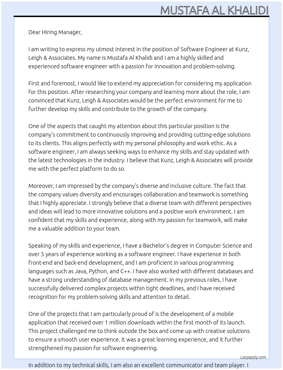 Software Engineer At Kunz, Leigh & Associates Cover Letter