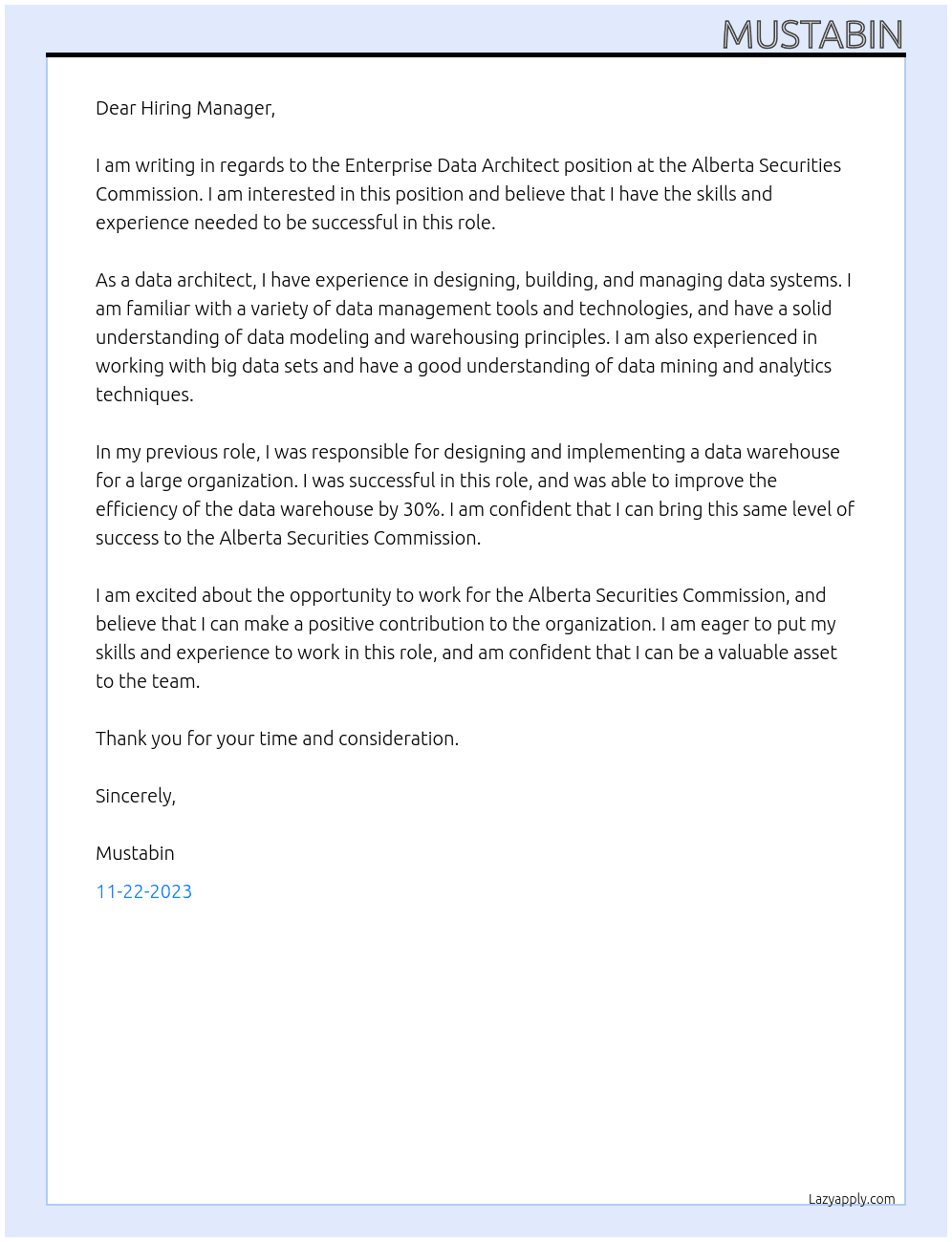 Enterprise Data Architect At Alberta Securities Commission Cover Letter