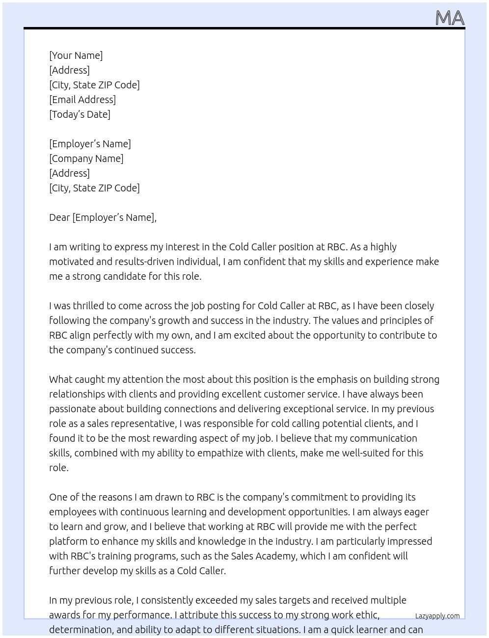 Cold Caller At RBC Cover Letter