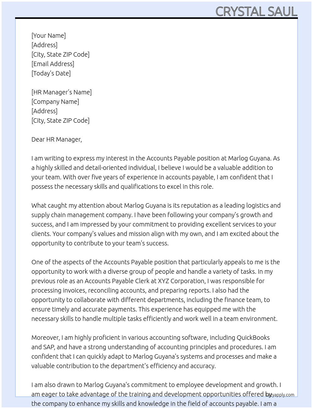 Accounts Payable At Marlog Guyana Cover Letter
