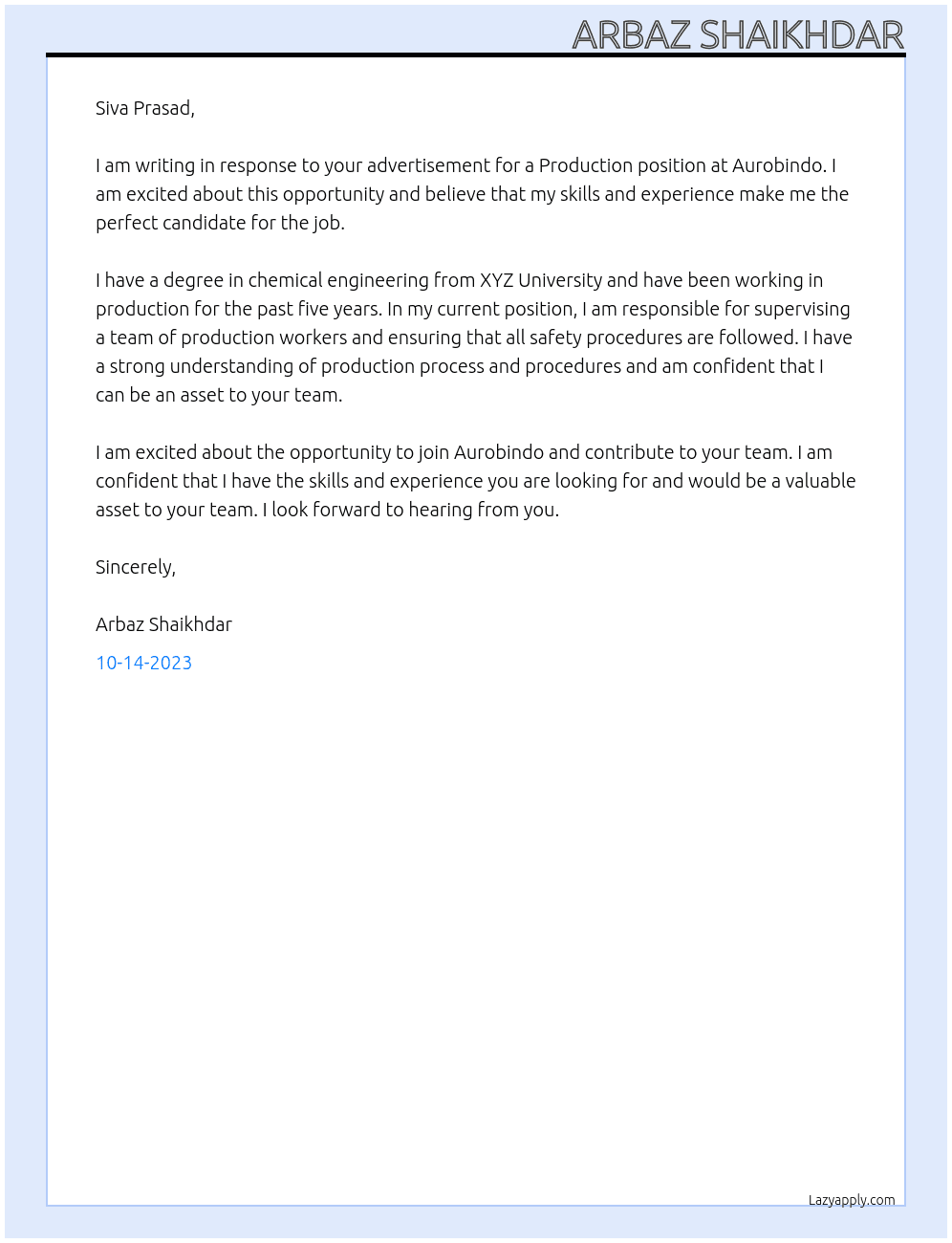 Production  At Aurobindo  Cover Letter