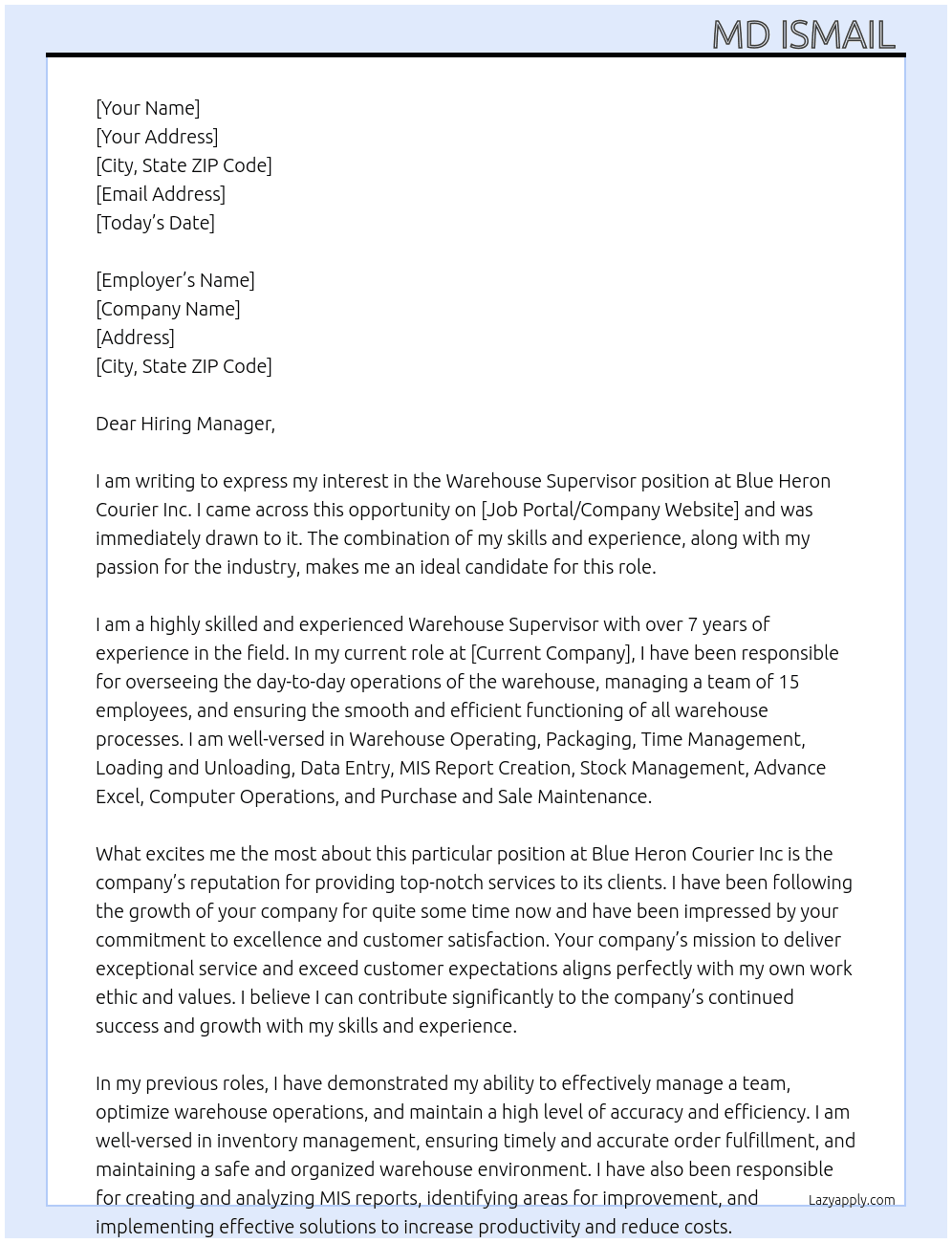 Warehouse Supervisor  At Blue Heron Courier Inc Cover Letter