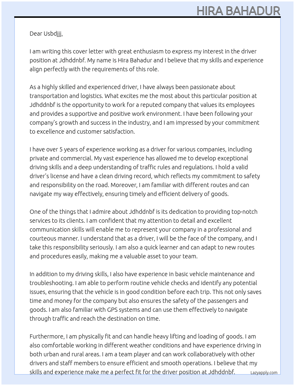 driver  At Jdhddnbf Cover Letter