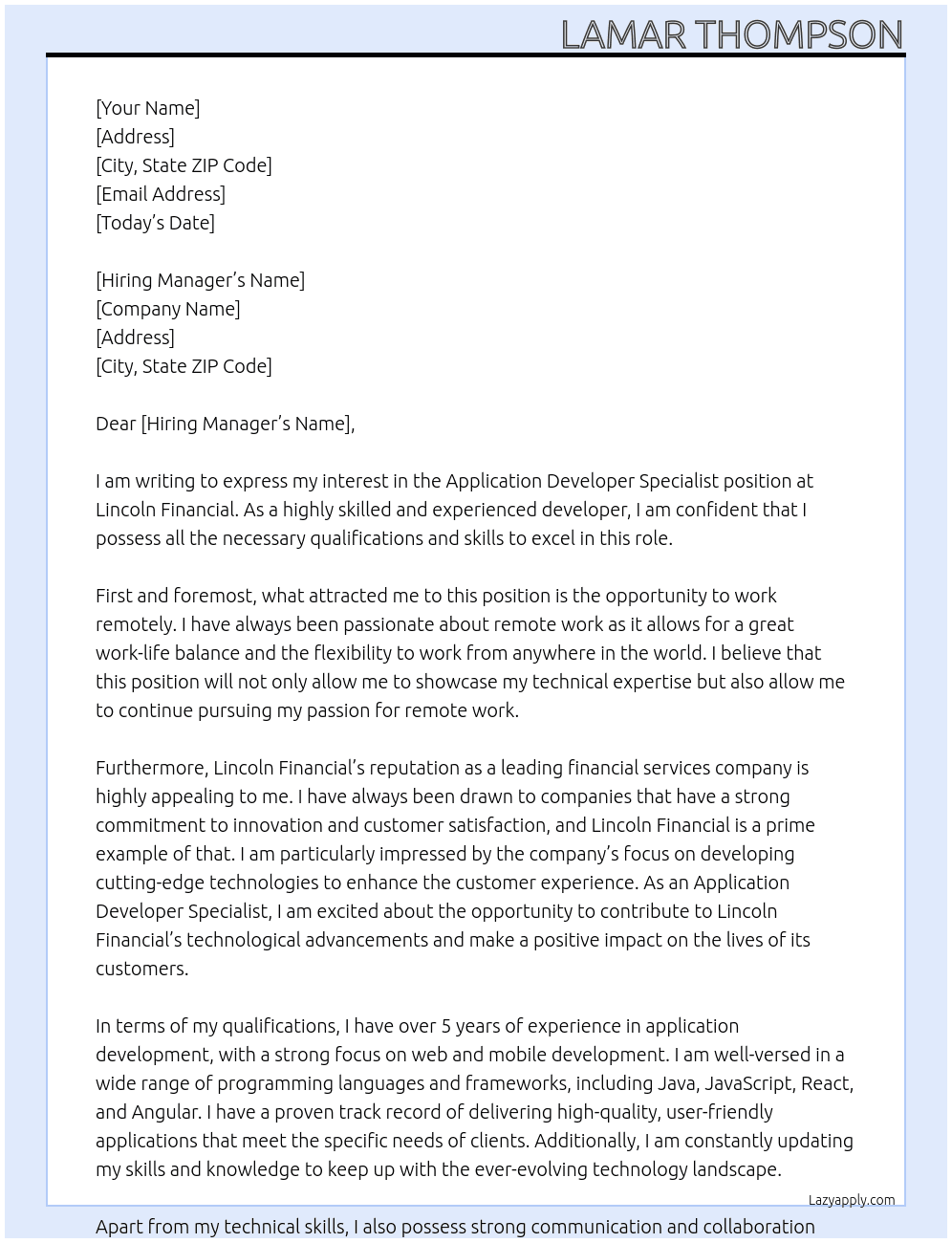 Application Developer Specialist (Remote) At Lincoln Financial Cover Letter