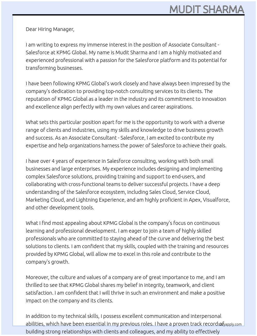 Associate Consultant - Salesforce At KPMG Global Cover Letter