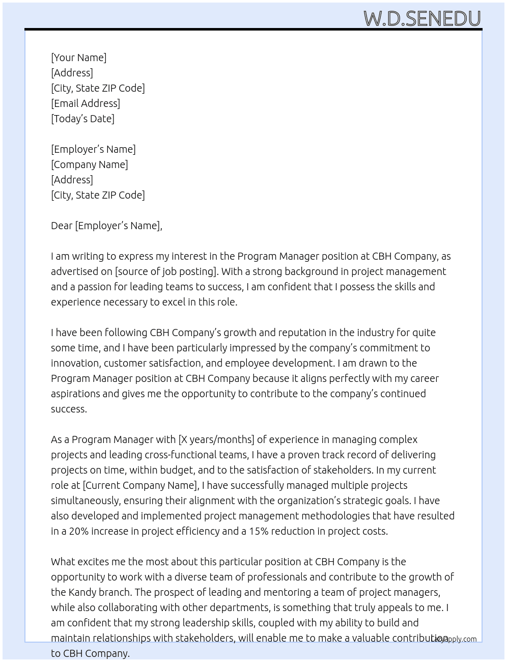 Program manager At CBH company Cover Letter
