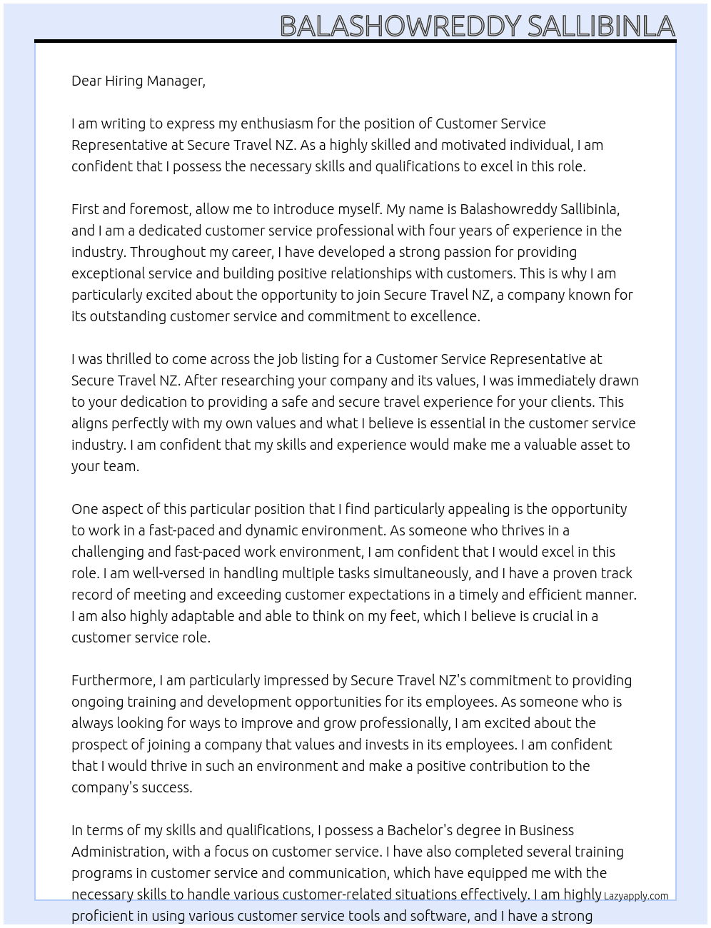 Customer service Representative  At Secure Travel NZ Cover Letter