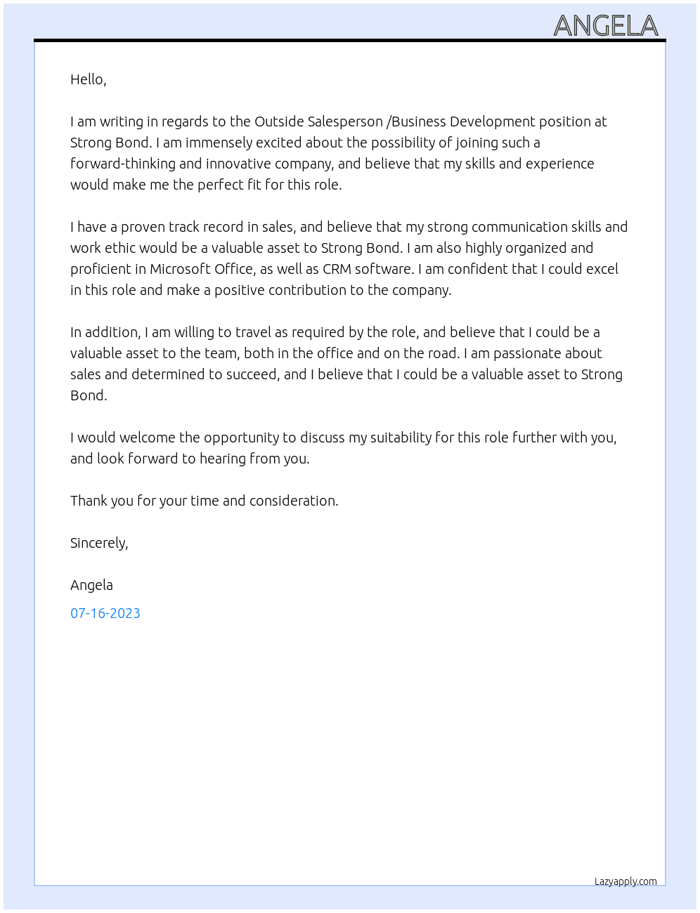 Outside Salesperson /Business Development At Strong Bond  Cover Letter