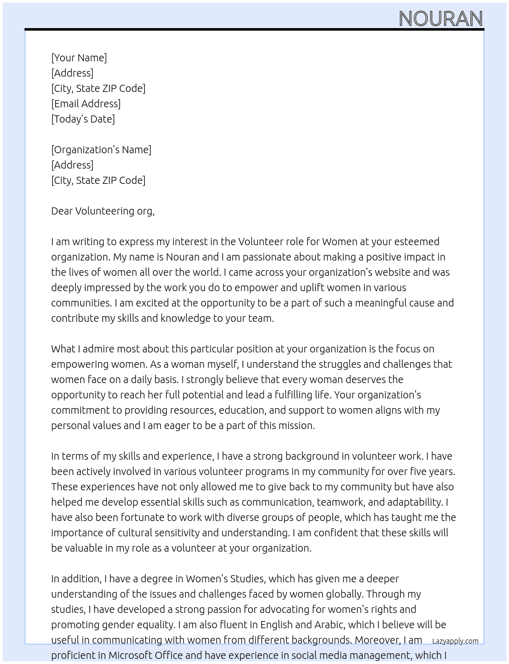 Volunteering for women At Organizations  Cover Letter