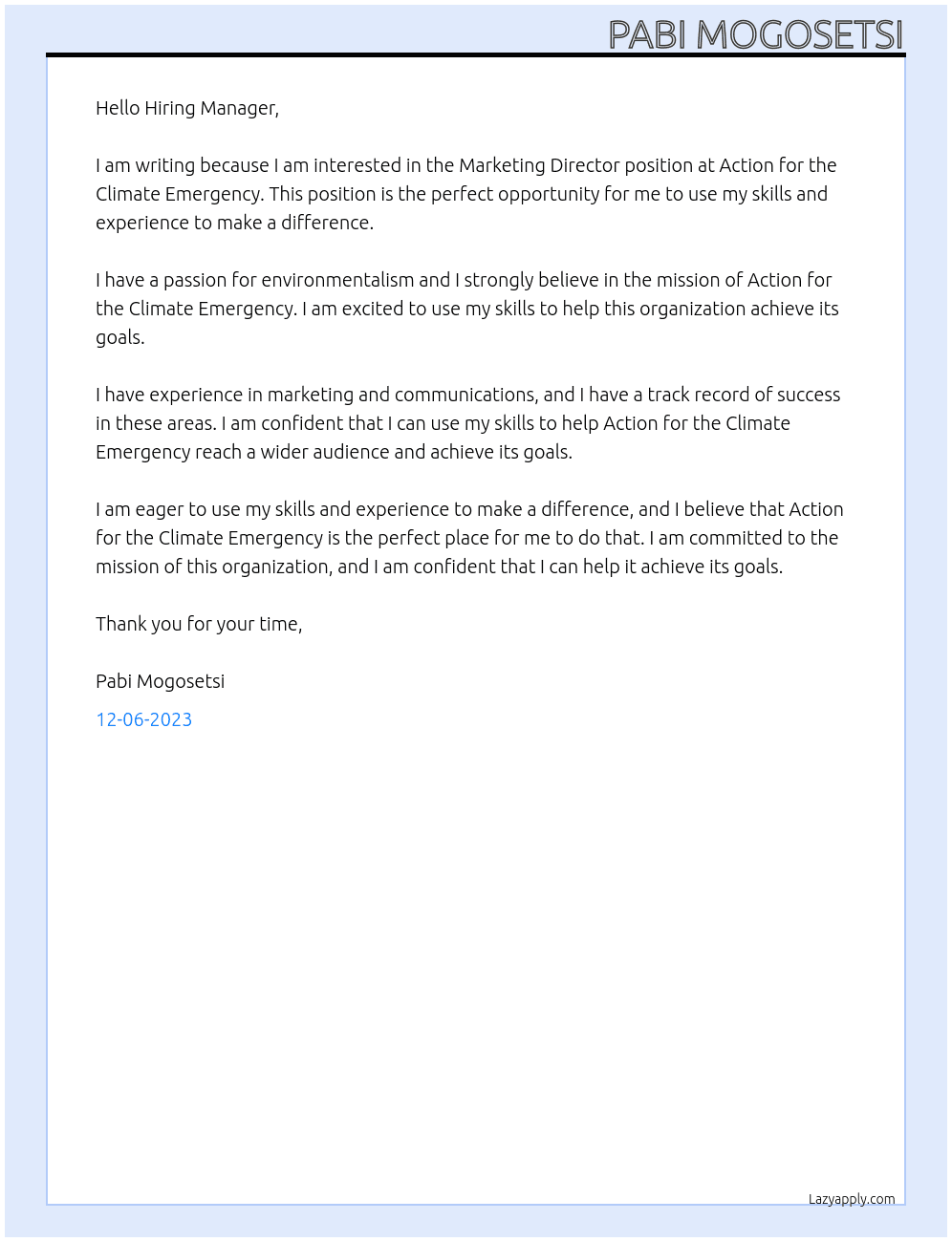 Marketing Director  At Action for the Climate Emergency Cover Letter
