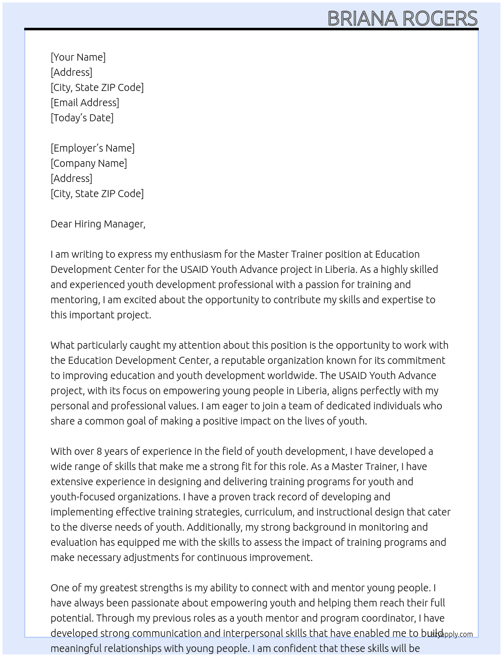 Master Trainer – Liberia – USAID Youth Advance At Education Development Center Cover Letter