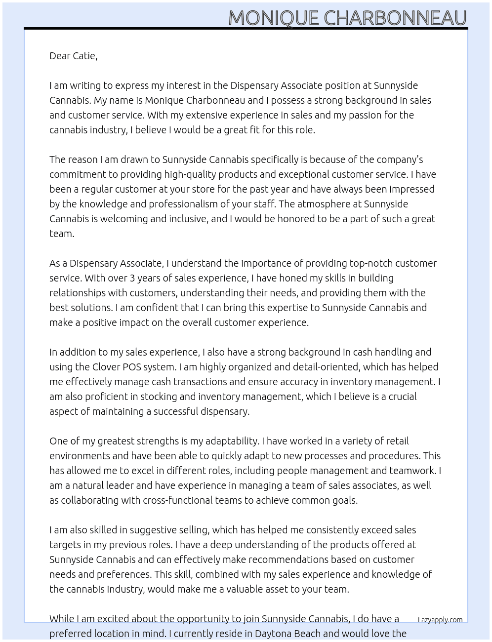 Dispensary associate At Sunnyside Cannabis  Cover Letter