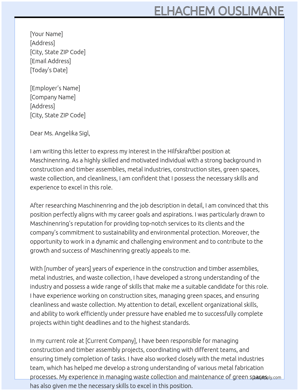 Hilfskraftbei  At Maschinenring  Cover Letter