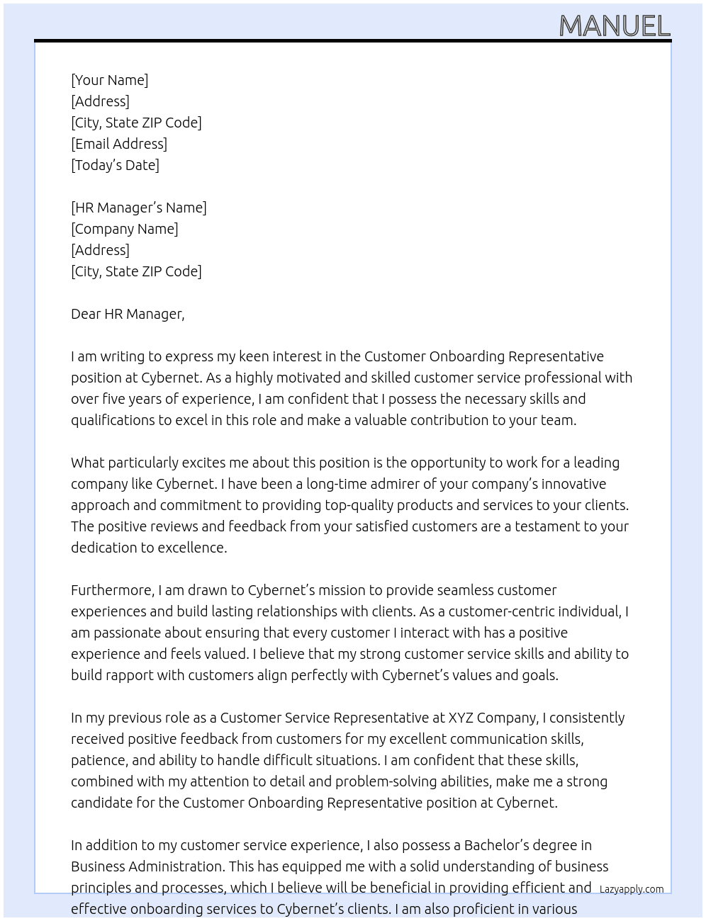 Customer Onboarding Representative At Cybernet Cover Letter