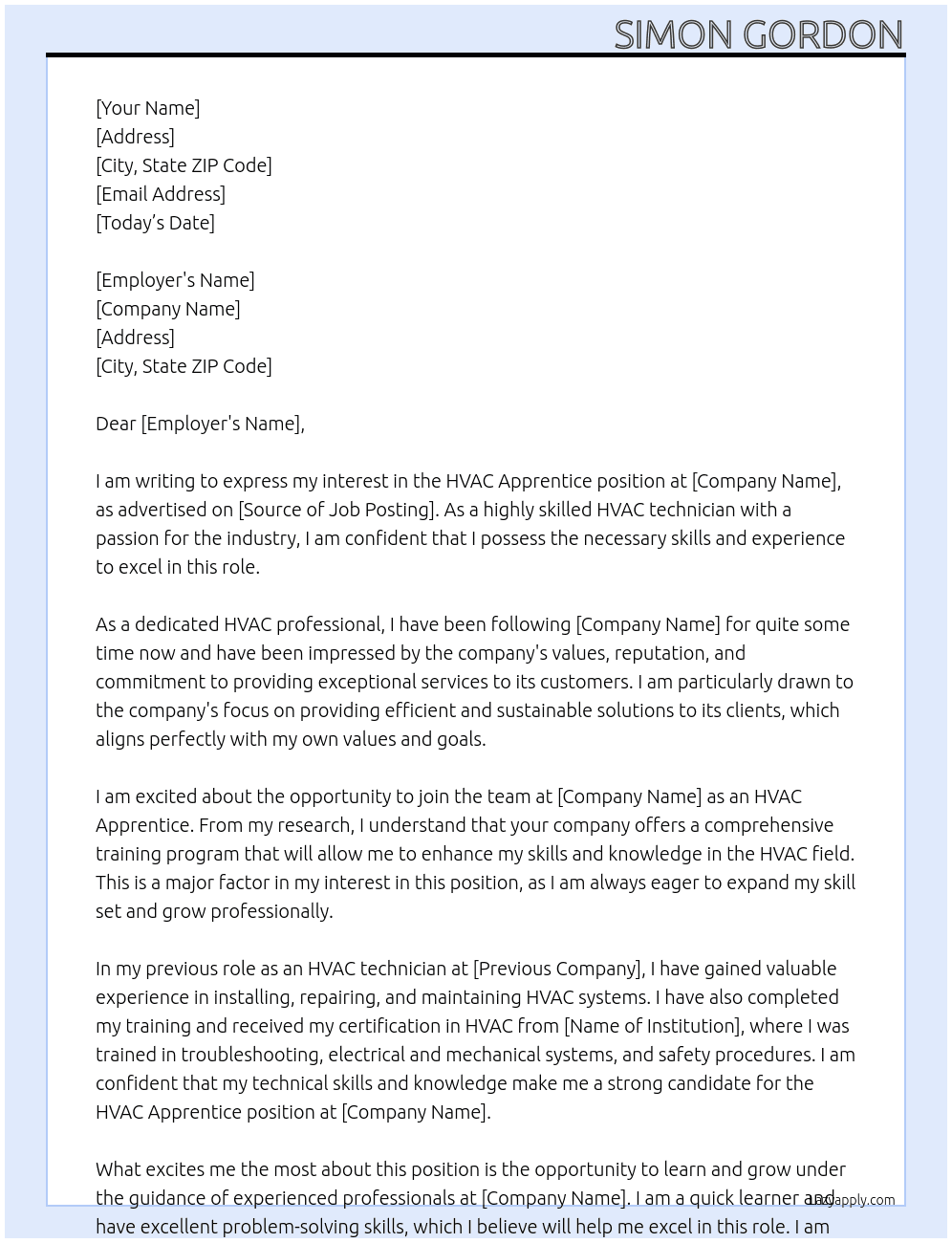 Hvac Apprentice At One hour  Cover Letter