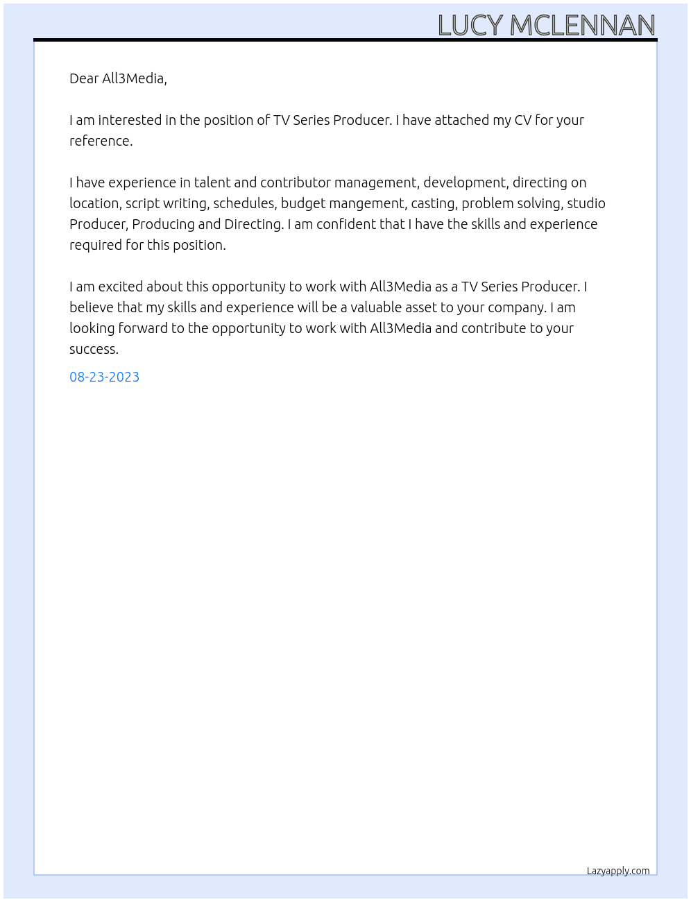 TV Series Producer At All3Media Cover Letter