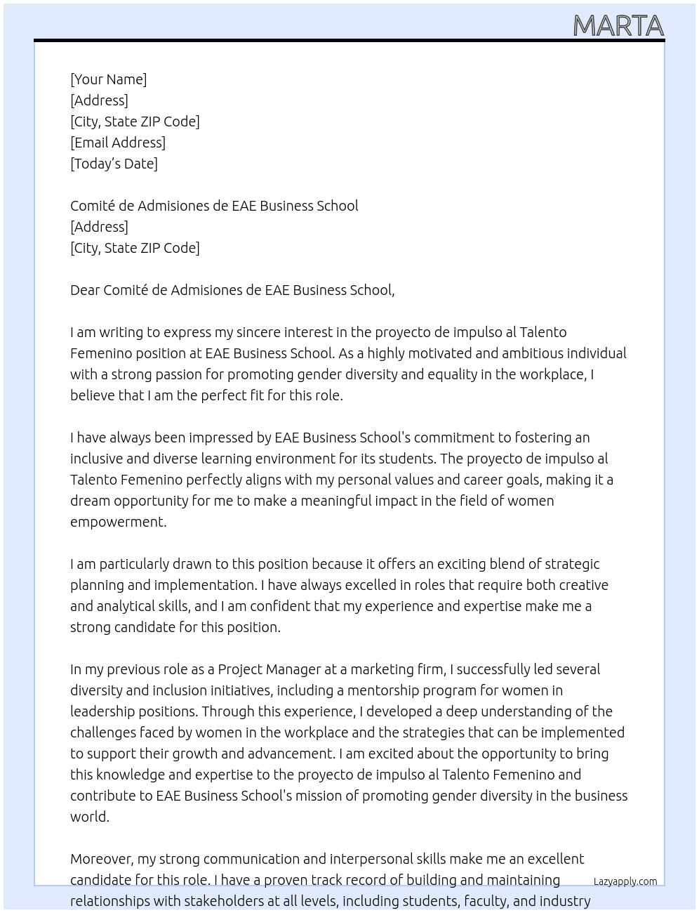 proyecto de impulso al Talento Femenino At eae business school Cover Letter
