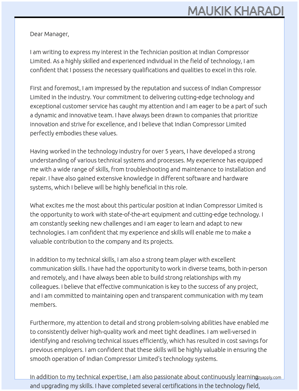 TECHNICIAN At Indian Compressor Limited Cover Letter