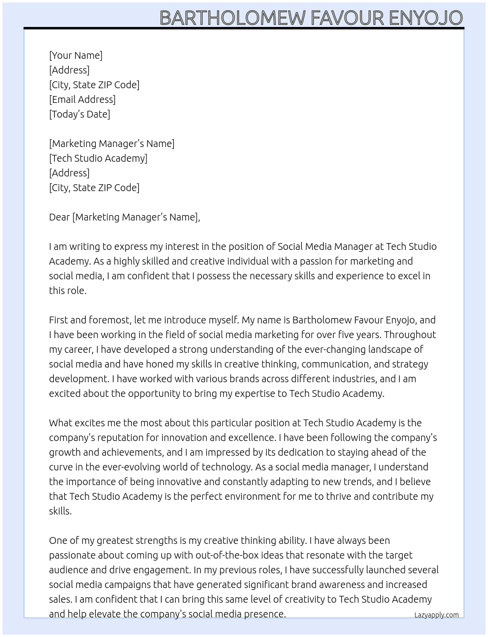 Social media manager At Tech Studio Academy Cover Letter