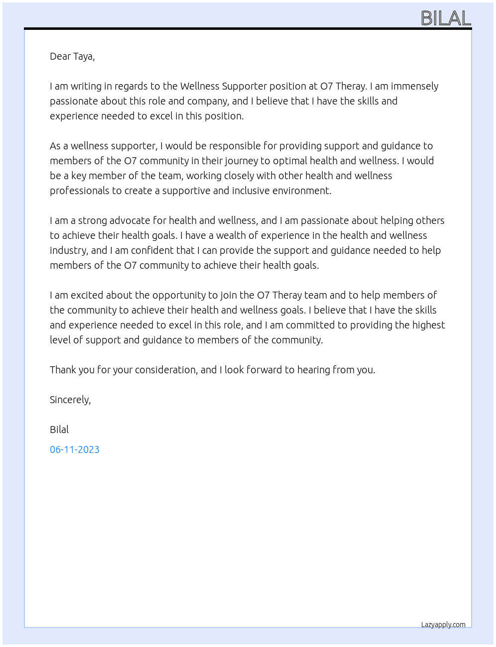 Wellness Supporter At O7 Theray Cover Letter