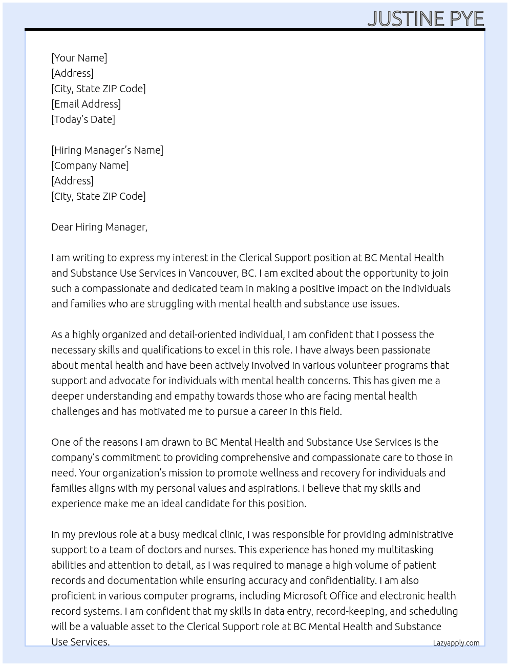 Clerical Support At BC Mental Health and Substance Use Services - Vancouver, BC Cover Letter