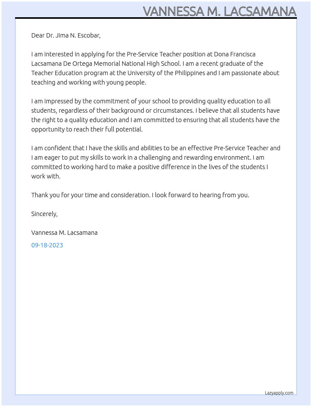 Pre-Service Teacher At Dona Francisca Lacsamana De Ortega Memorial National High School Cover Letter
