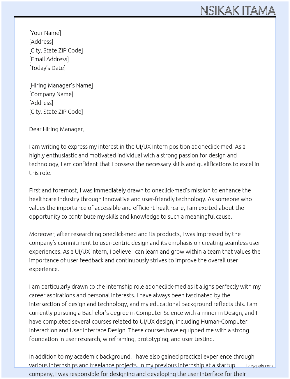 UI/UX Intern At oneclick-med Cover Letter