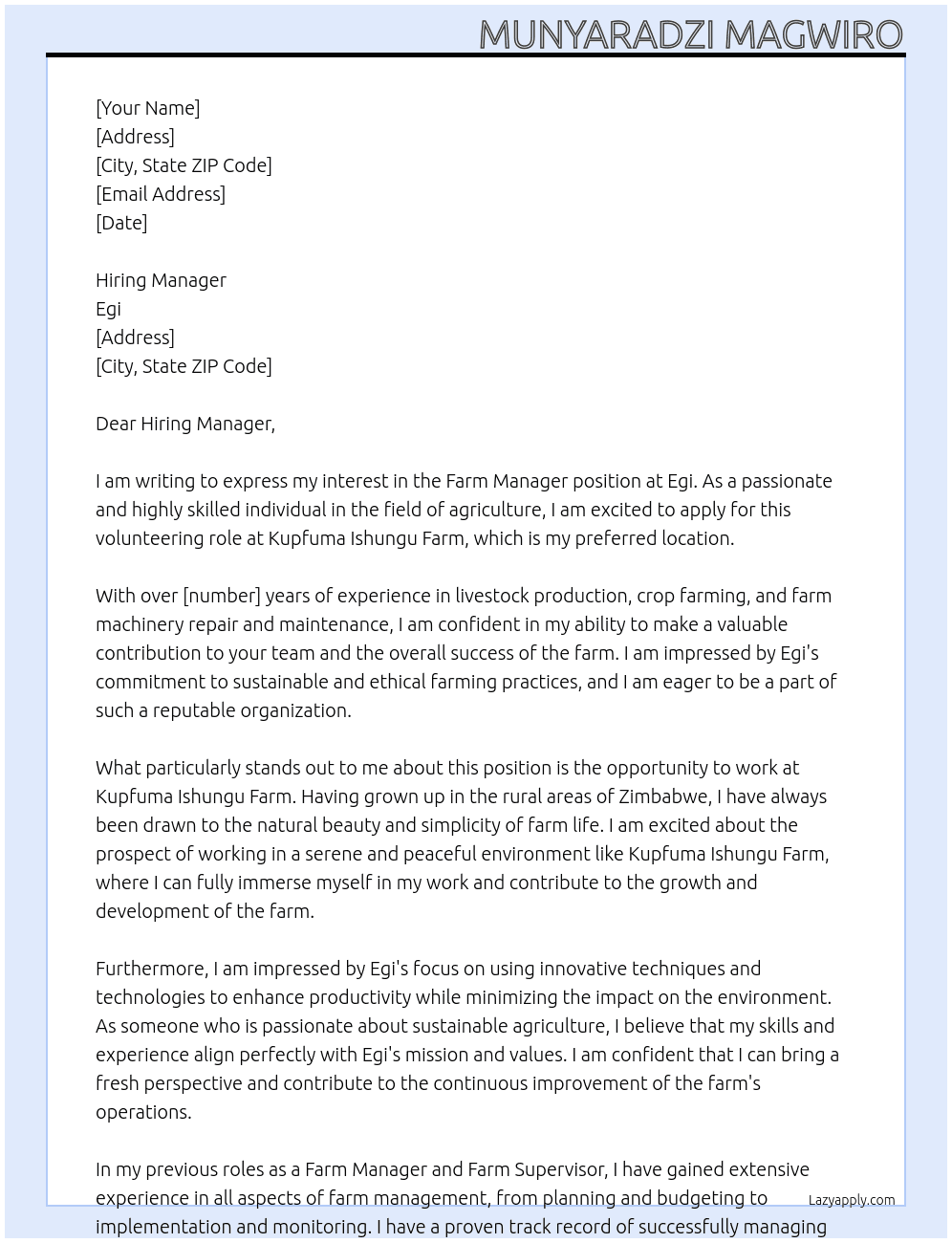 Farm Manager At Egi Cover Letter